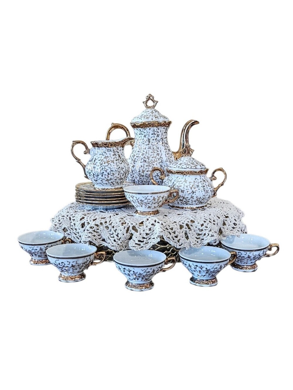 Antique Johann Seltmann Jollis Salvream Gold Over Porcelain Tea Set For 6